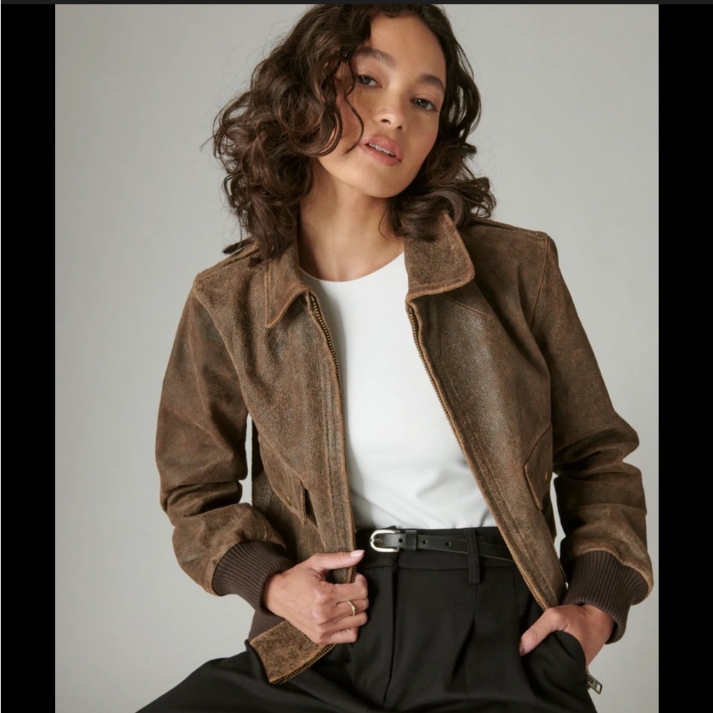 Lucky Brand Distressed Cropped Leather Bomber
Jacket